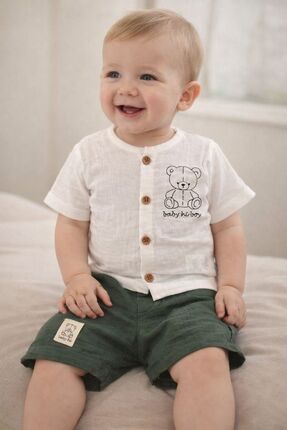 Tuembaby Ayıcık Baskılı Müslin Erkek Bebek Şortlu Yazlık Takım ( Beden ölçüle...
