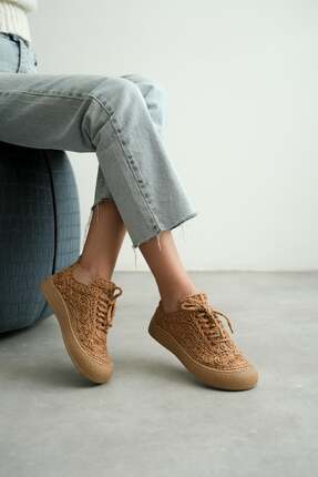 BY DÜKKAN Kadın Taba Örgü Detaylı Günlük Sneaker Rahat ve Hafif Spor Ayakkabı...