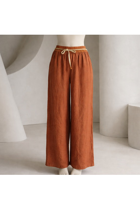 NN BUTİK Kadın % 100 İtalyan Yıkanmış keten Lastik Bel Rahat pantolon
