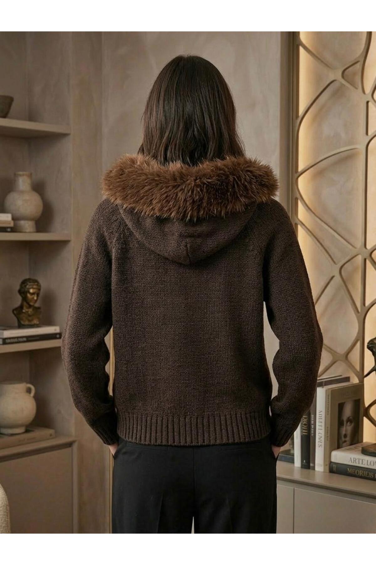 Sea Style  Kürklü Kapüşonlu Fermuarlı Kahverengi Triko Hırka - Görsel 3