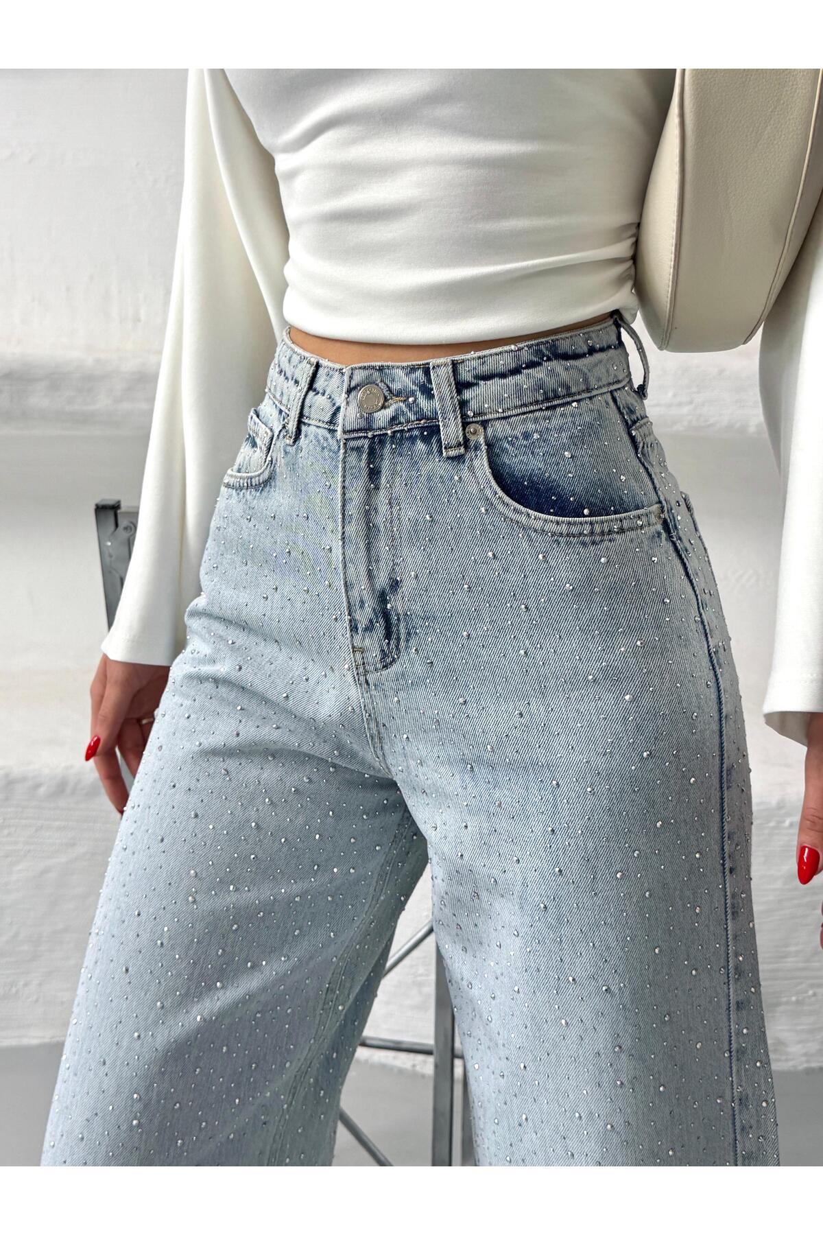 Vooz  Kadın Taşlı Baggy Jean Yüksek Bel Bol Paça Pantolon Açık Mavi Ön Arka Taşlı - Görsel 5