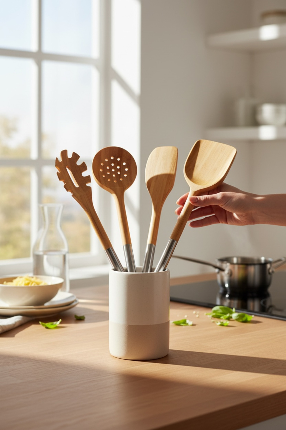 Metal Saplı Bambu 4’lü Mutfak Seti – Kevgir, Spatula, Yan Spatula ve Makarna Servis Kaşığı