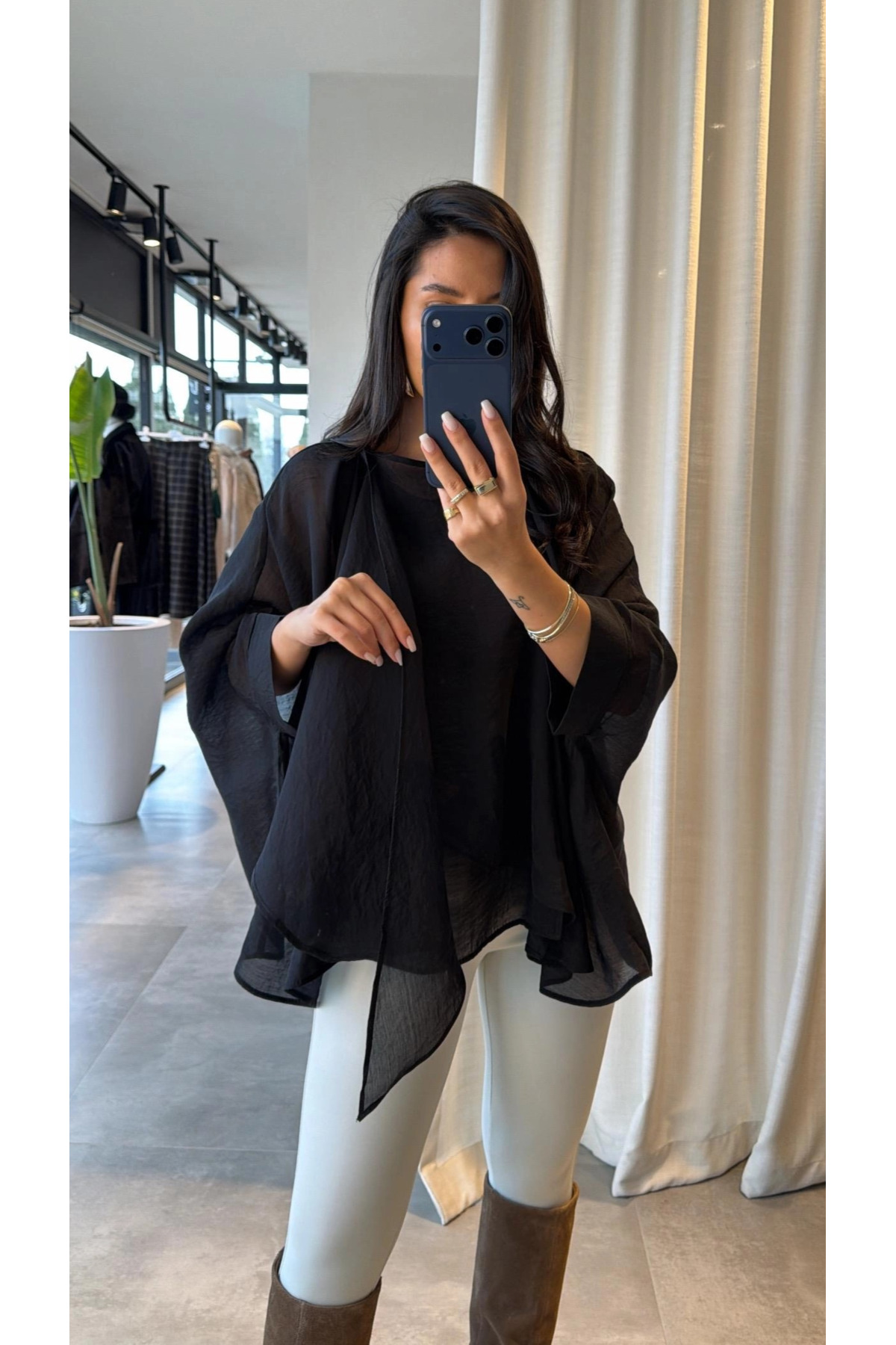 My Blog  Siyah Uçuşan Pelerin Bluz - 5026 - Görsel 5