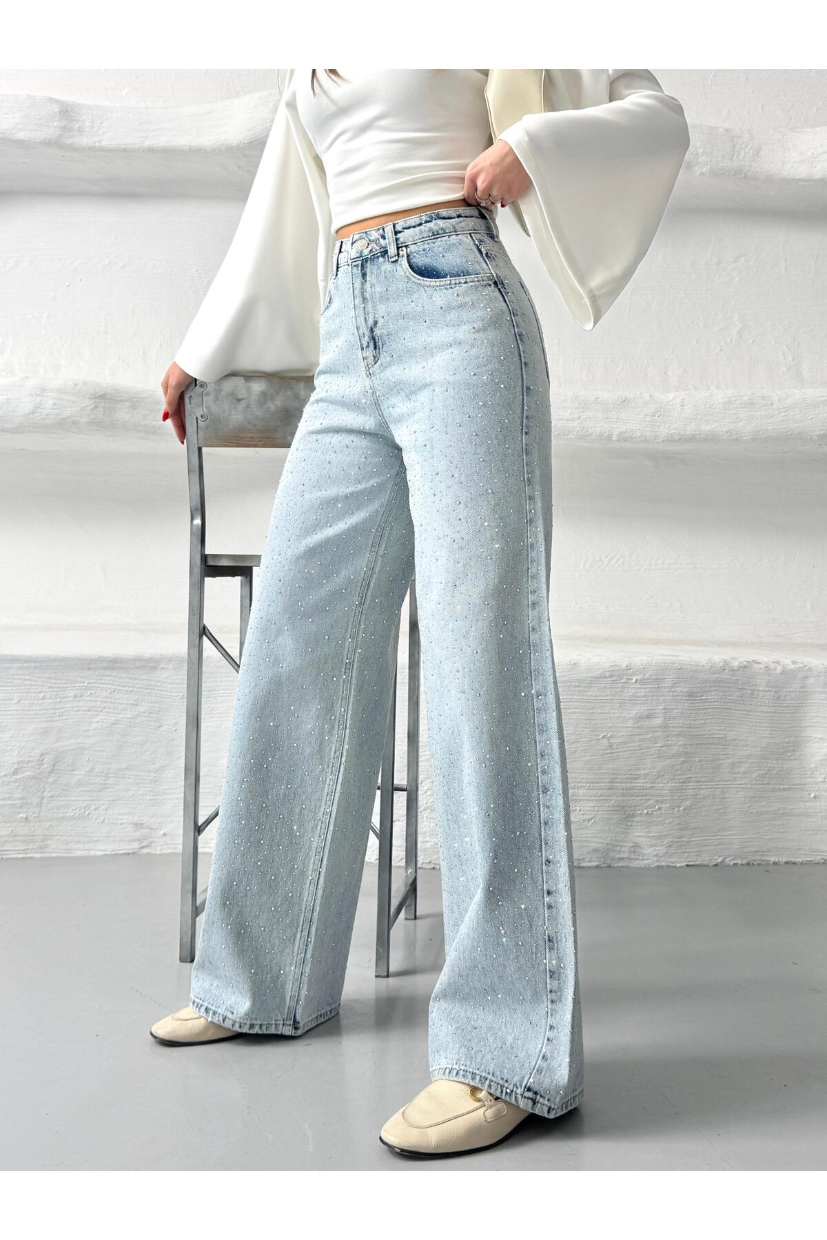 Vooz  Kadın Taşlı Baggy Jean Yüksek Bel Bol Paça Pantolon Açık Mavi Ön Arka Taşlı - Görsel 6