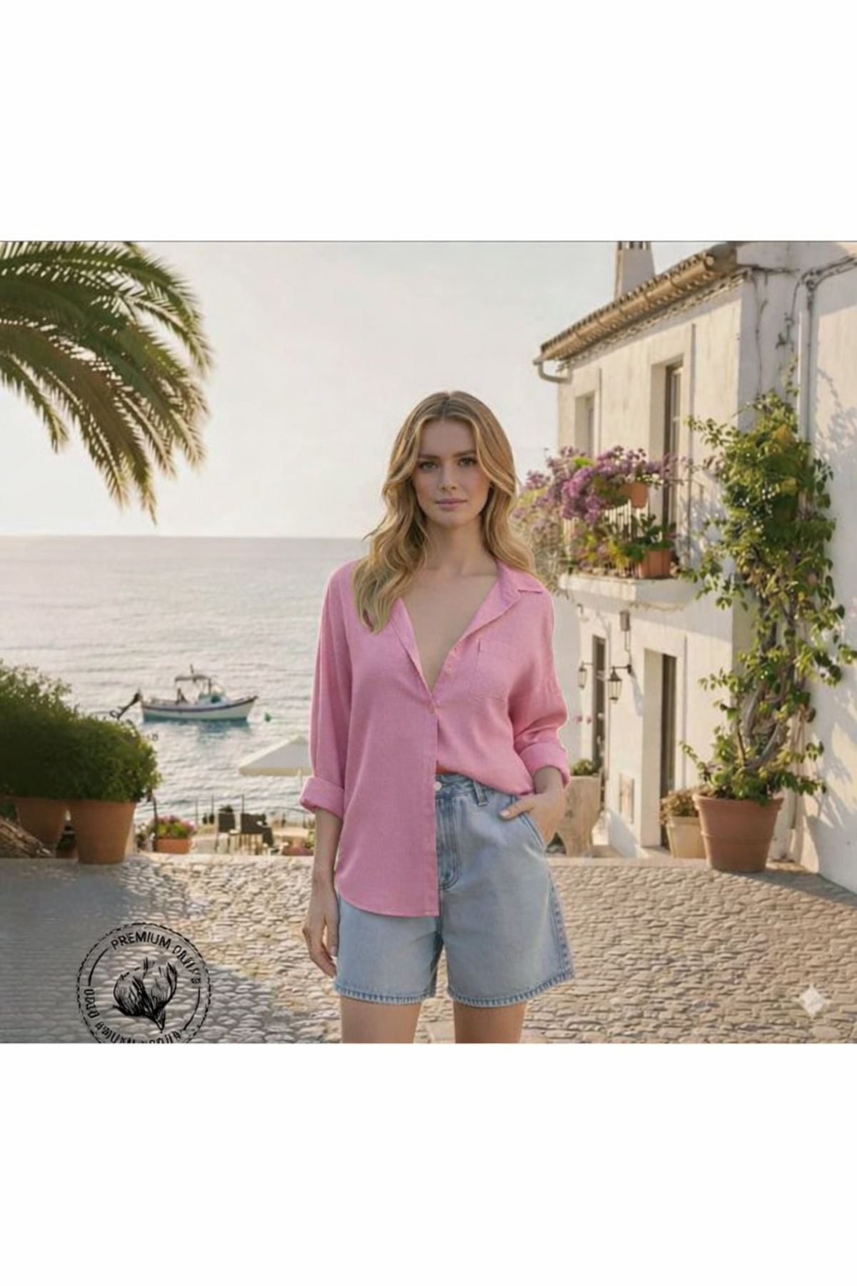 İnazuma Outdoors  Kadın Keten Pembe Gömlek Yazlık Oversize Gömlek Yeni Sezon - Görsel 3