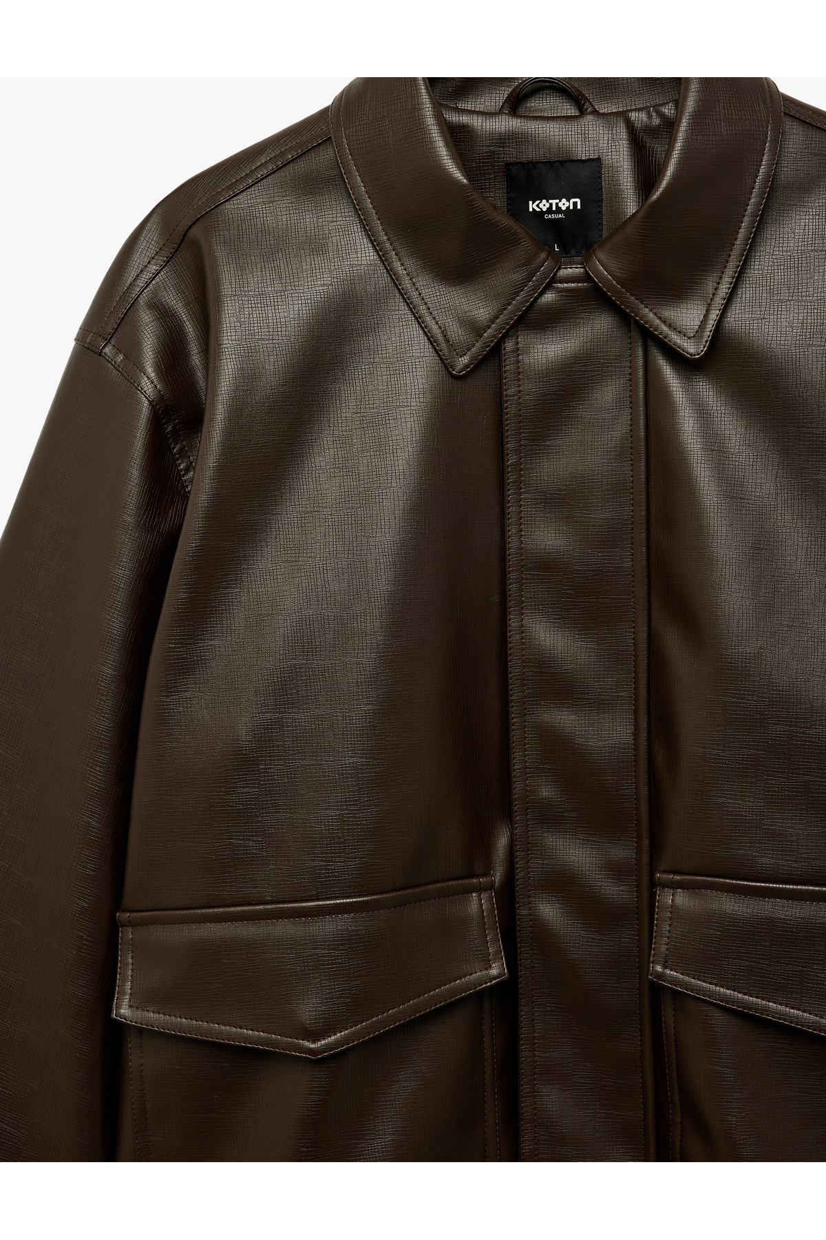 Koton  Gömlek Yaka Beli Lastikli Uzun Kollu Kapaklı Cepli Suni Deri Ceket - Görsel 5