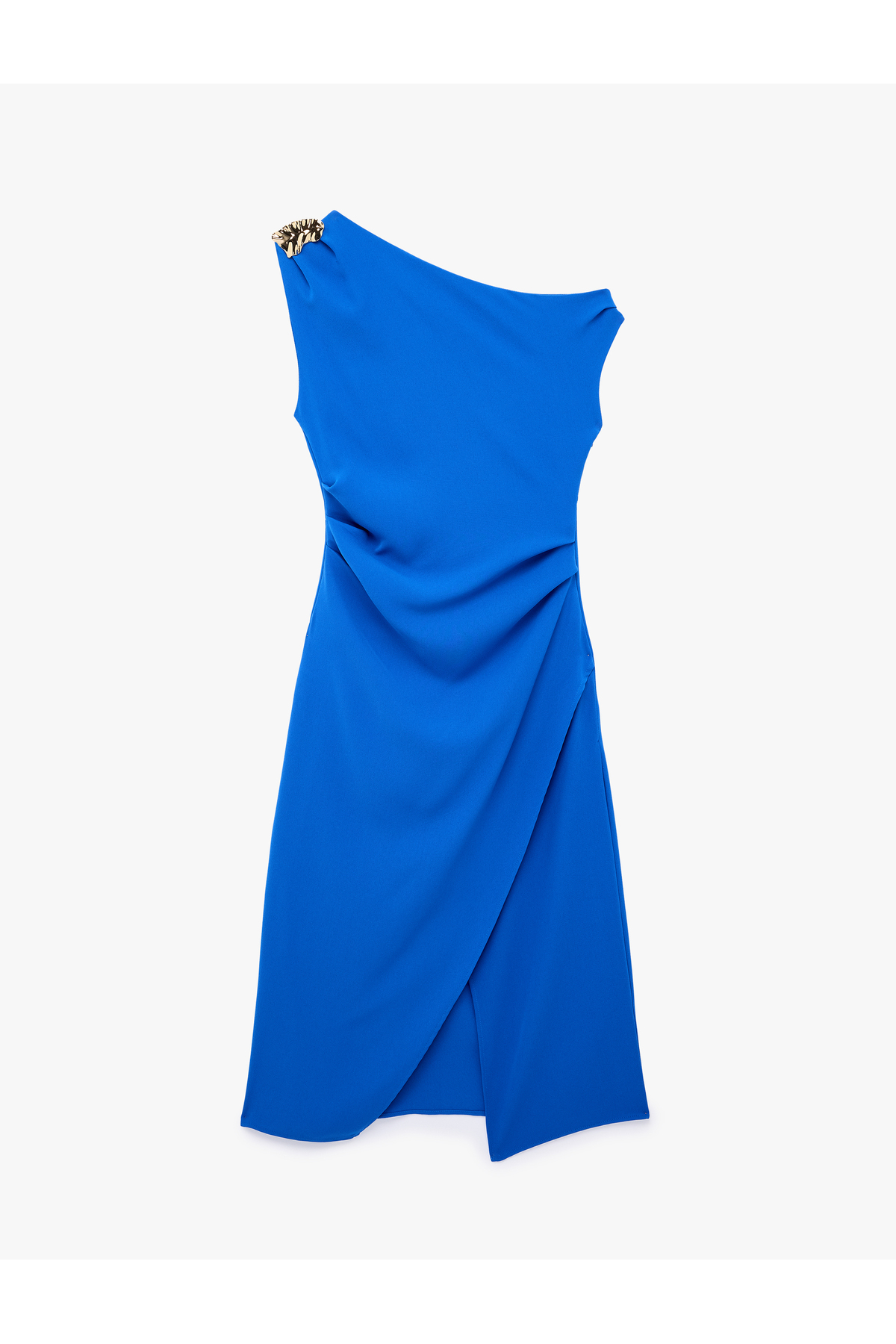 Koton  Krep Kumaş Aksesuar Detaylı Kruvaze Drapeli Kolsuz Tek Omuz Midi Elbise - Görsel 3