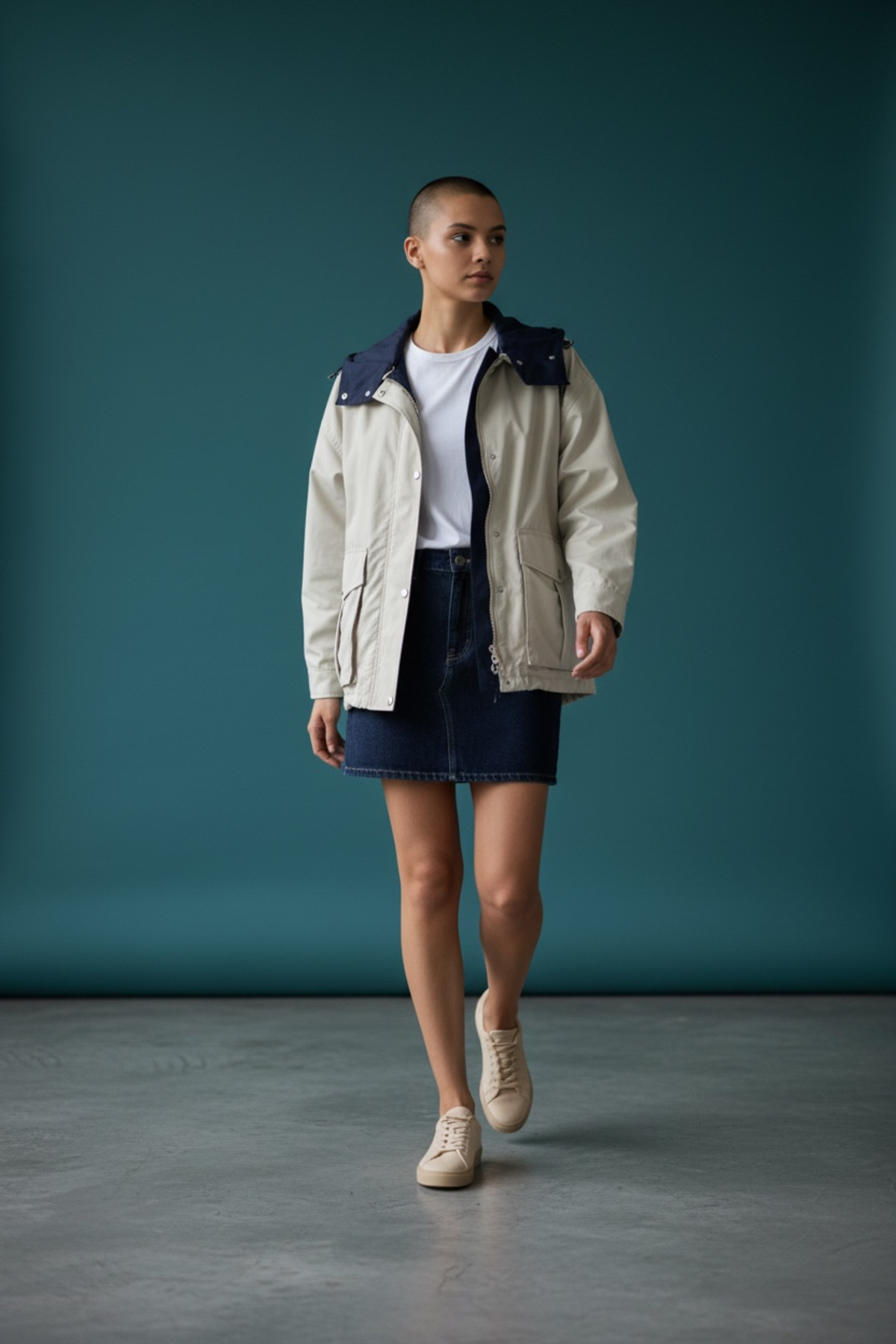 SEMİZ GİYİM  Lacivert-Bej Renk Bloklu Kapüşonlu Yağmurluk