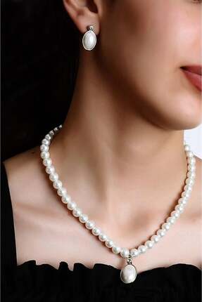 marmara qumasch Özel Tasarımlı Inci Ve Zirkon Taşlı Kolye Küpe Takı Set