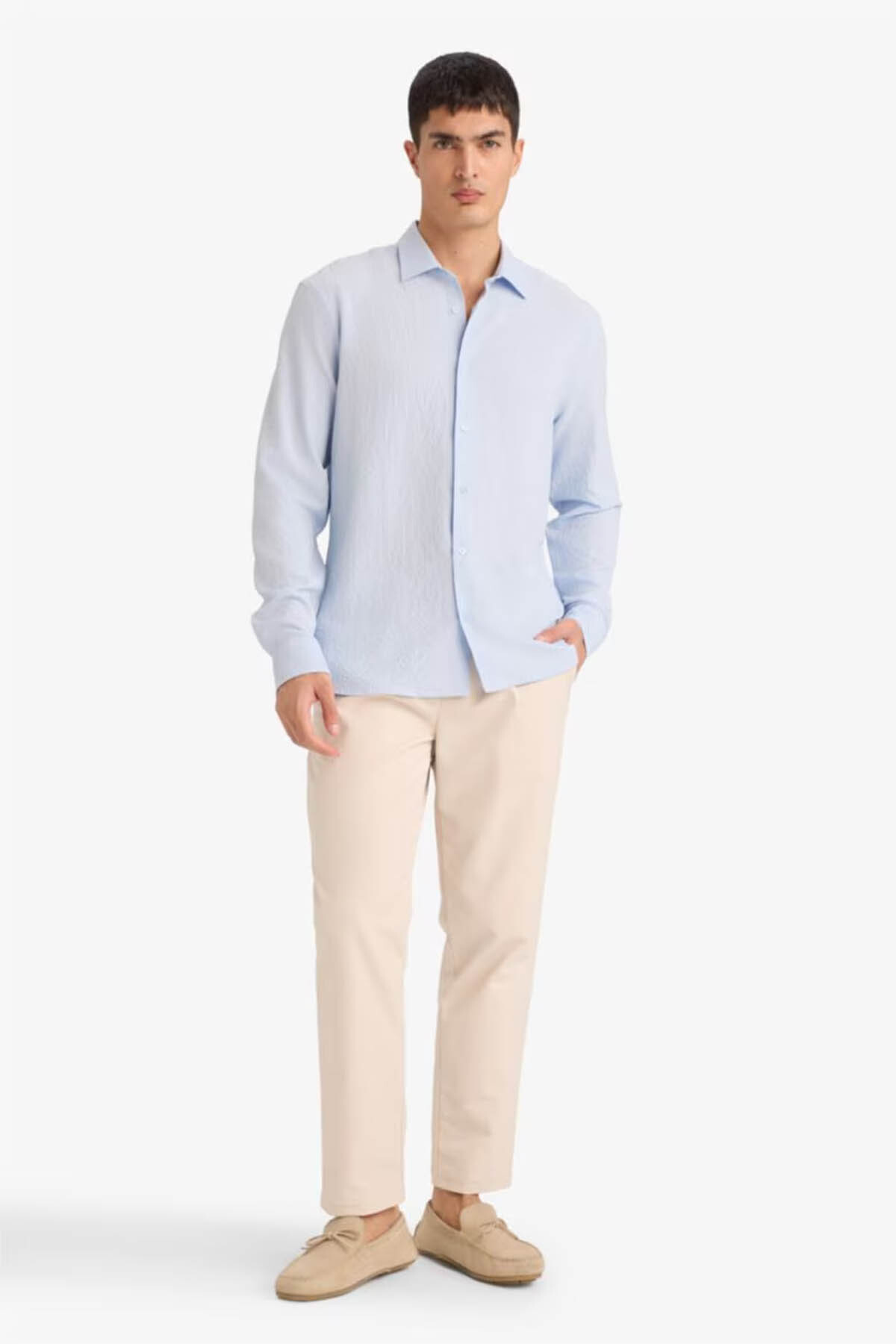 DeFacto Modern Fit Polo Yaka Dokuma Uzun Kollu Gömlek D7246AX26SP görsel 2