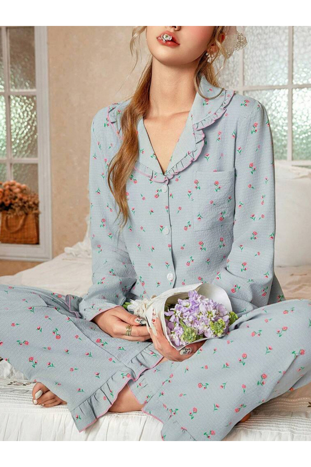 Take Two By Styli Blue Floral Print Shirt and Ruffle Hem Pyjama Set