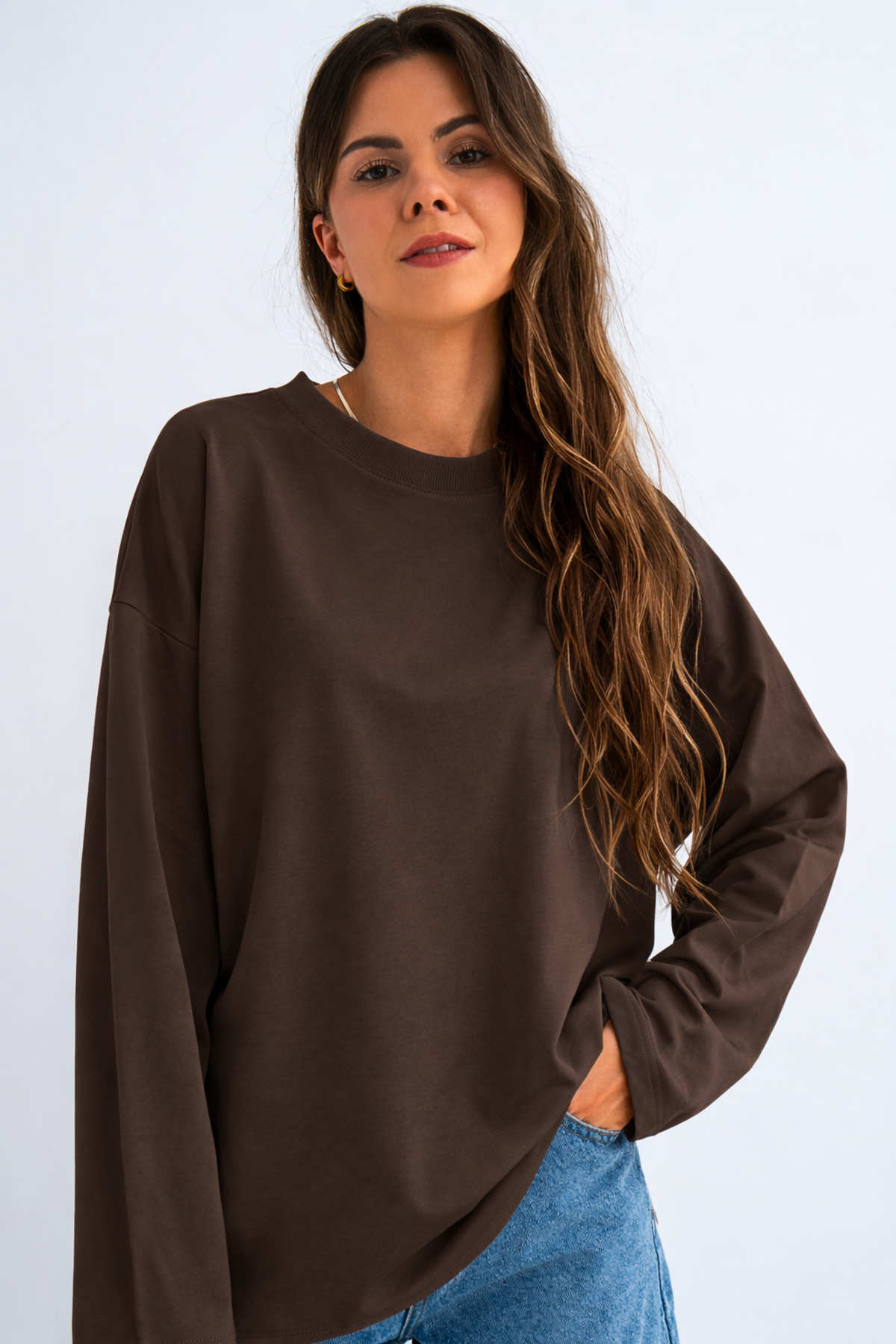 GUARAZ Women's Relax Fit Bitter Brown Relaxed Cut 100% Cotton Long Sleeve Crew Neck Basic T-Shirt