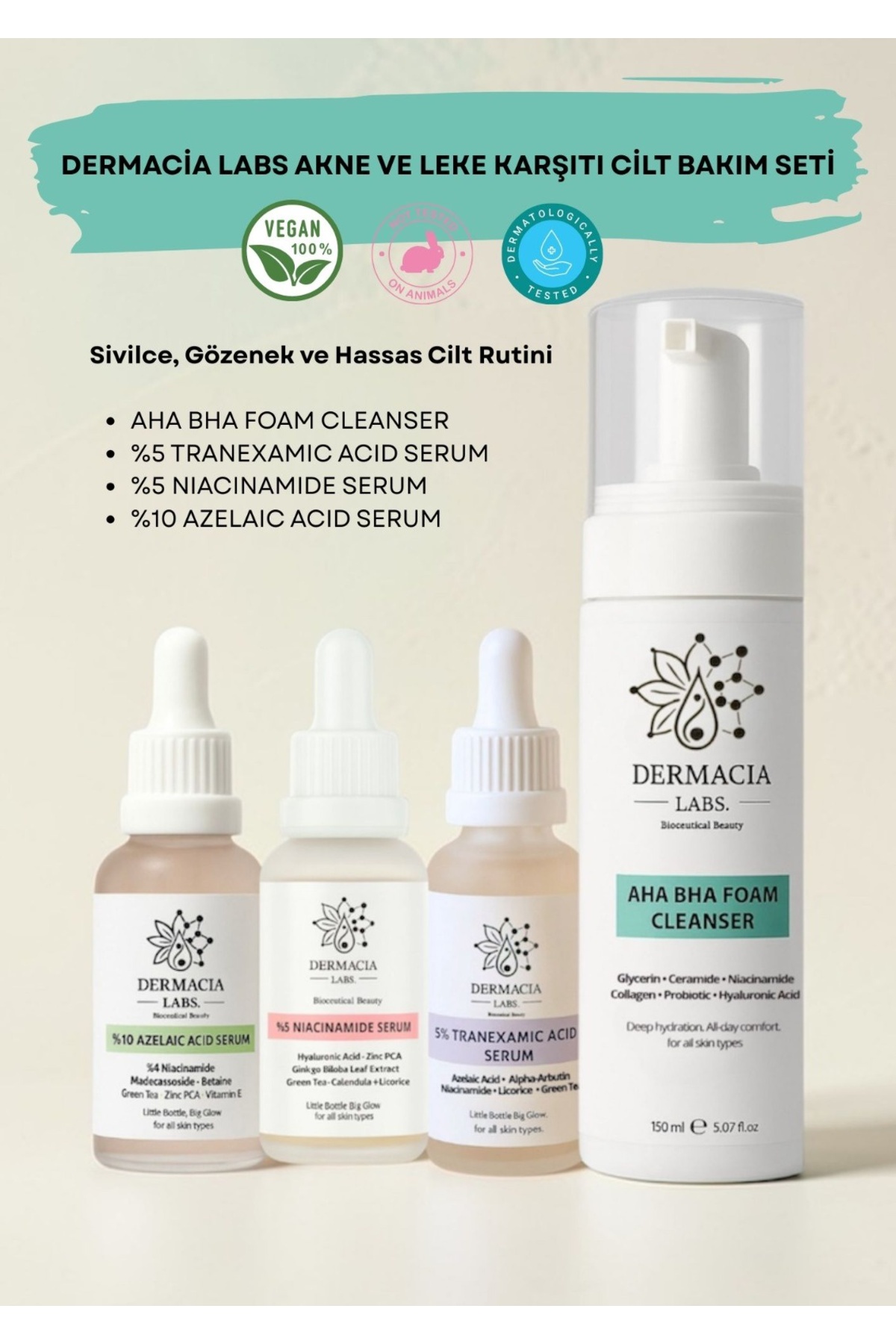 Dermacia Labs Bioceuticals Beauty Leke ve Gözenek Karşıtı Cilt Bakım Seti, %5 Traneksamik+%10 Azelaik+%5 Niacinamide+Temizleme Köpüğü — DL-AKLESET4