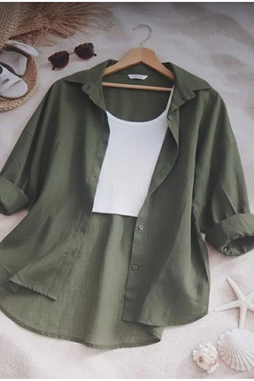 İnazuma Outdoors Kadın Keten Haki Gömlek Yazlık Oversize Gömlek Yeni Sezon