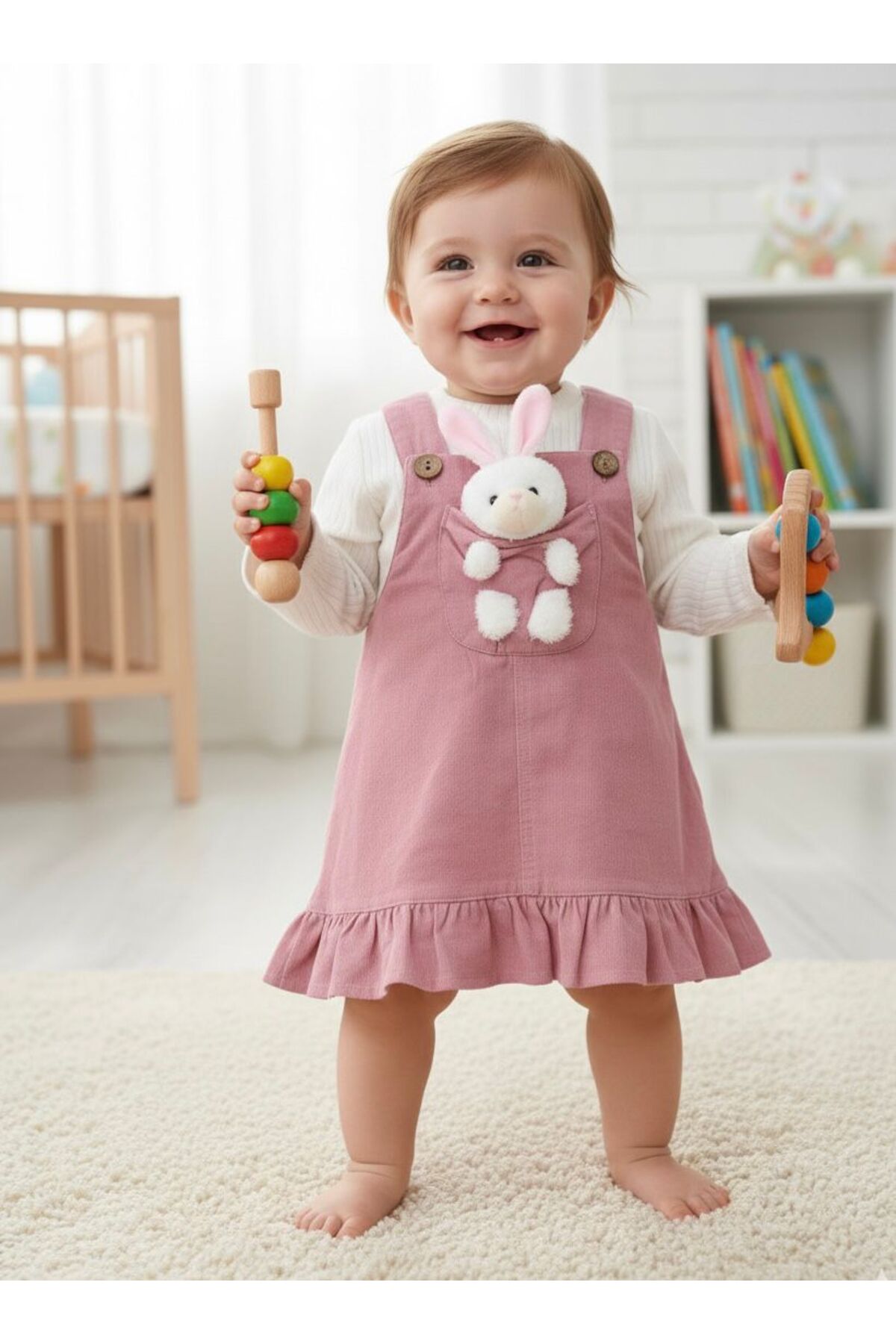 Egelite Kız Bebek Tavşancık Aksesuarlı, Keten Salopet Elbise ve Badili, 2 li, Şık Bayramlık Takım 9-12-18 ay fotoğrafı 2 (önizleme)