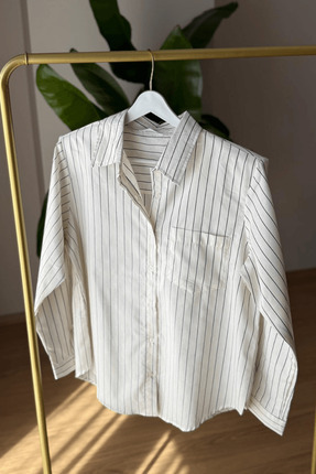 SEHOCO BUTİK Ekru Siyah Çizgili Gömlek (Vatkalı)