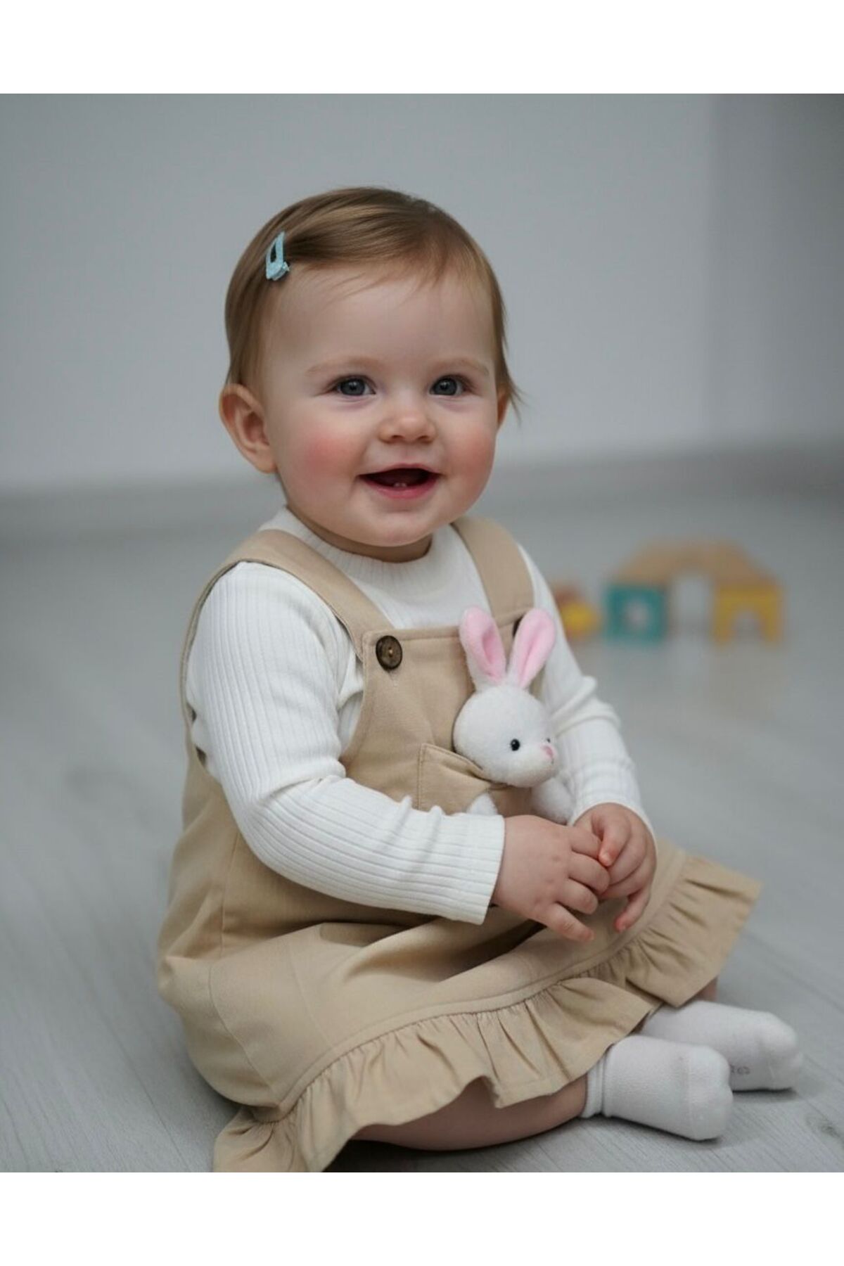 Egelite Kız Bebek Tavşancık Aksesuarlı, Keten Salopet Elbise ve Badili, 2 li, Şık Bayramlık Takım 9-12-18 ay fotoğrafı 3 (önizleme)