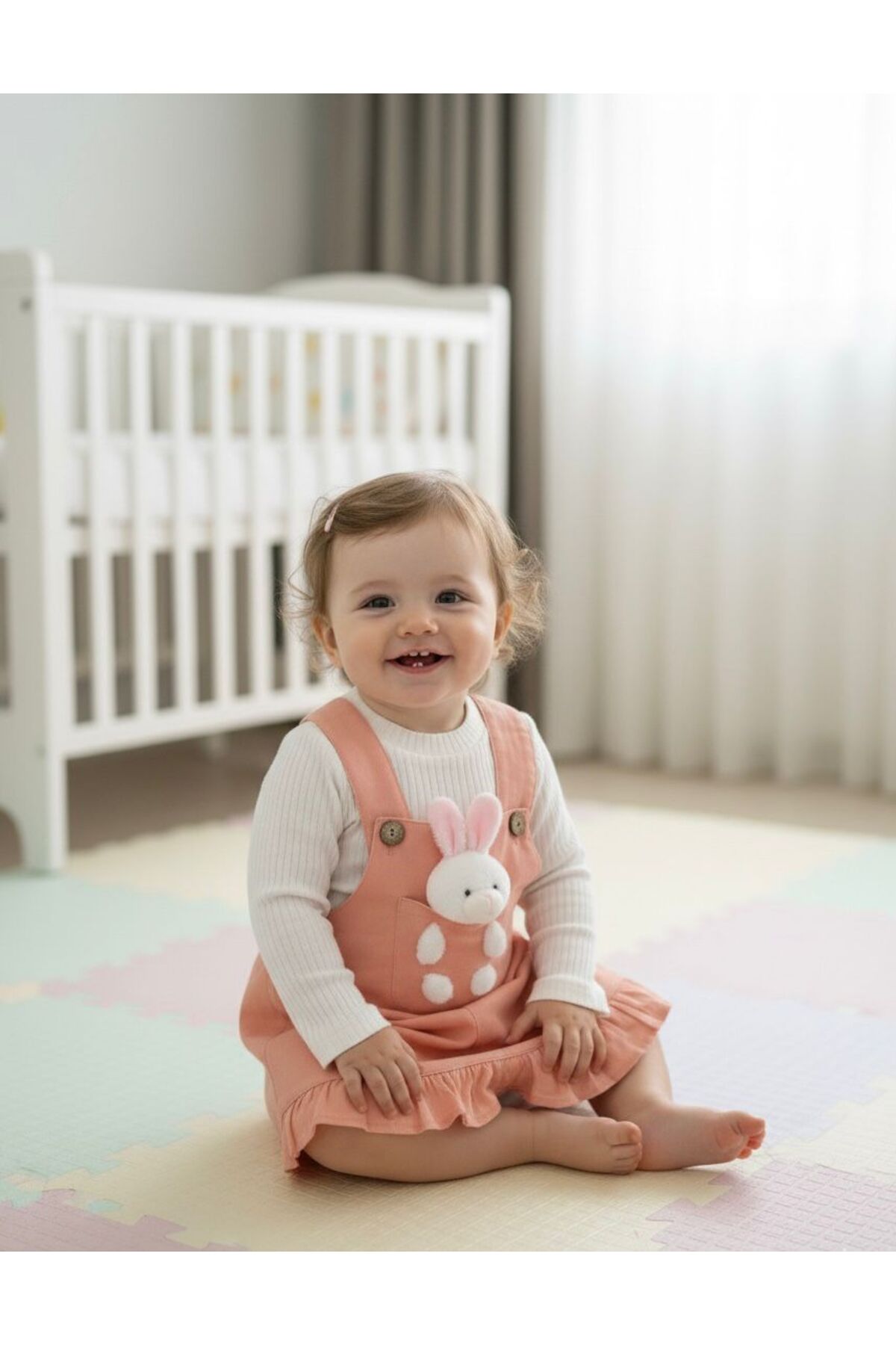 Egelite Kız Bebek Tavşancık Aksesuarlı, Keten Salopet Elbise ve Badili, 2 li, Şık Bayramlık Takım 9-12-18 ay fotoğrafı 7 (önizleme)