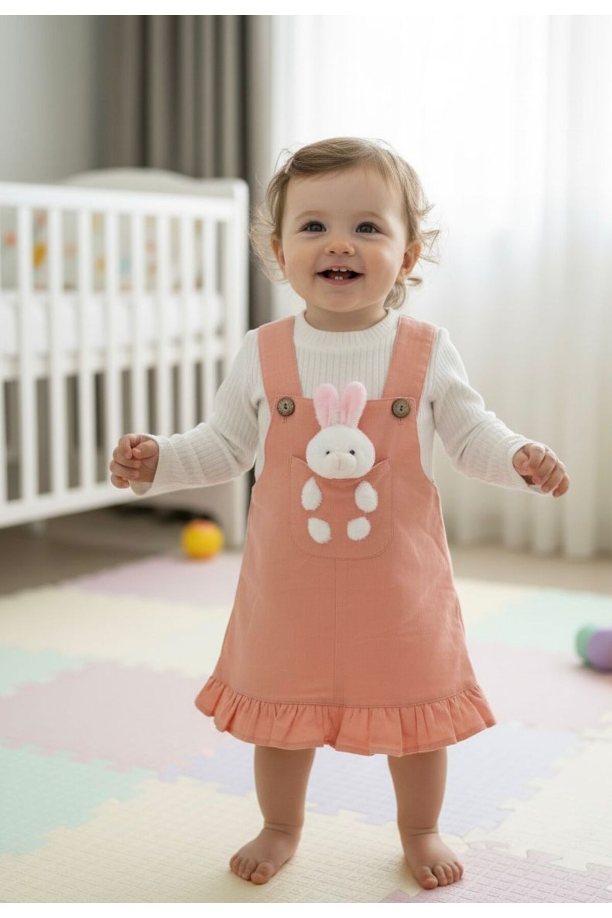 Egelite Kız Bebek Tavşancık Aksesuarlı, Keten Salopet Elbise ve Badili, 2 li, Şık Bayramlık Takım 9-12-18 ay fotoğrafı 6 (önizleme)