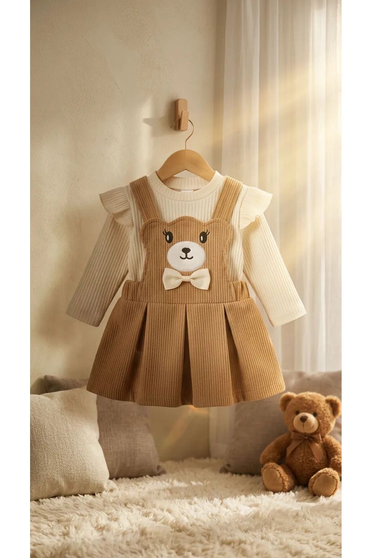 TA&CE Kız Çocuk Ayıcık Figürlü Uzun Kollu Tişörtlü Kadife Jile (Solopet) Elbise 2’li Takım (6-24 Ay) fotoğrafı 2 (önizleme)