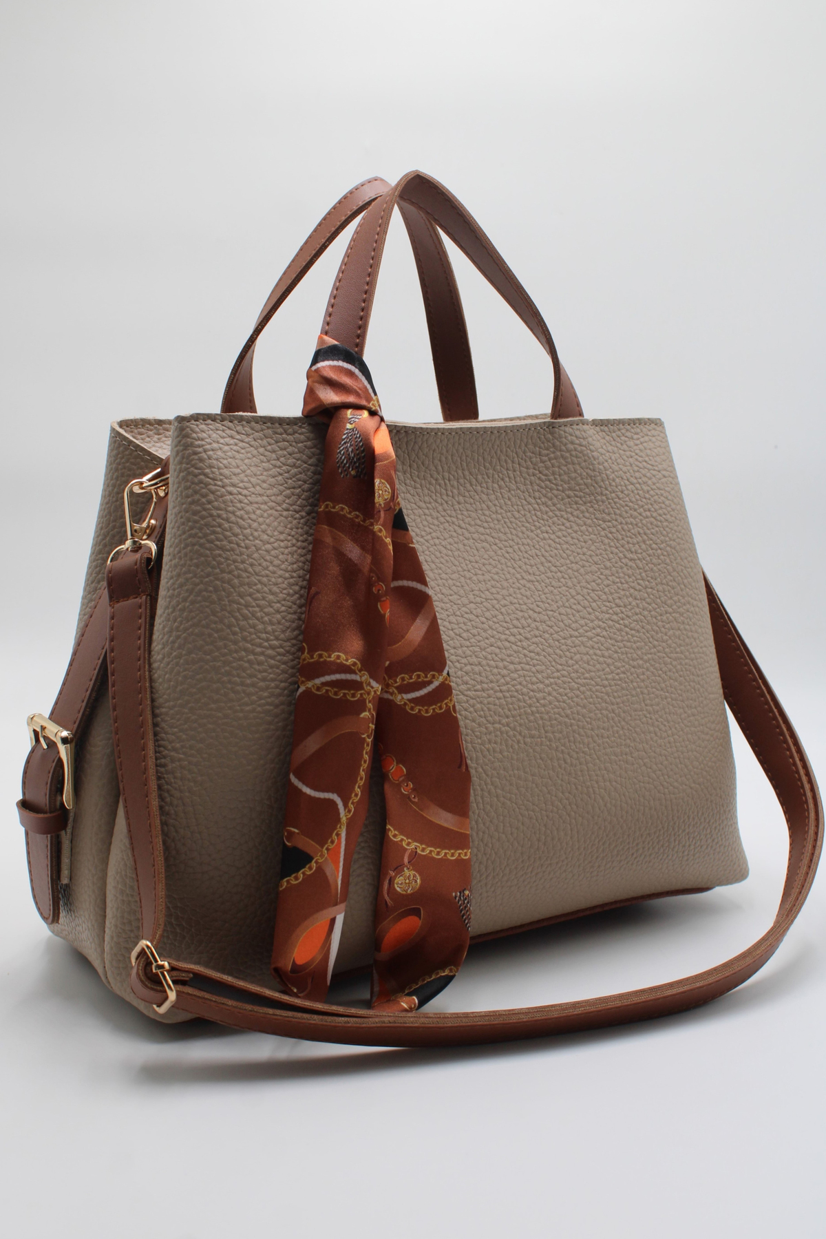 Women's Beige Tan Double Handle Scarf Detailed Handy Crossbody Hand and Shoulder Bag with Oversized Inner Pockets