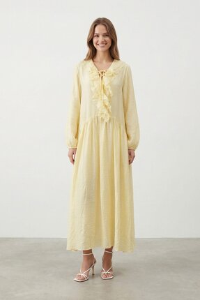 Soul Kadın Yaka Fırfır ve Bağcık Detaylı Fisto Elbise – 32487ELB - YELLOW