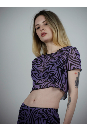 PONKA DESIGN Desenli Tül Mor Leopar Kısa Bluz Pantolon Takım