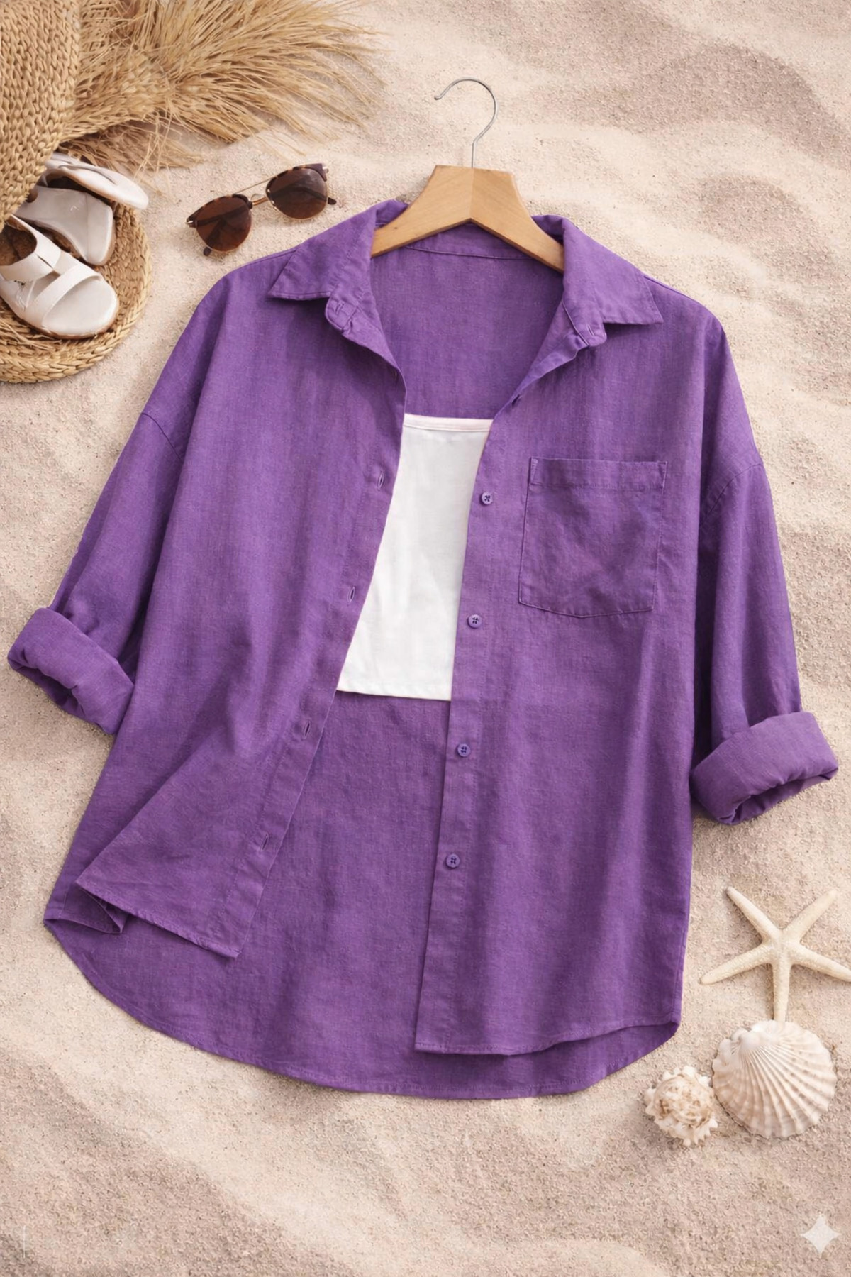 İnazuma Outdoors Women’s Linen Purple Shirt Summer Oversized Shirt New Season