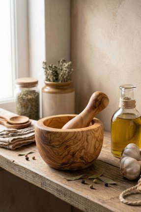 whelka Zeytin Ağacı Havan ve Tokmak – Doğal Ahşap Sarımsak Ezici Baharat Öğüt...