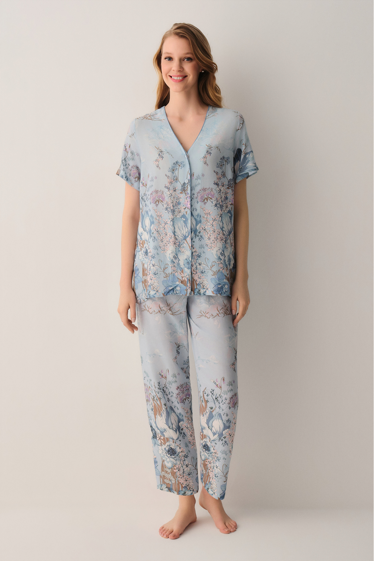 Suwen Blue Shirt Collar Pajama Set