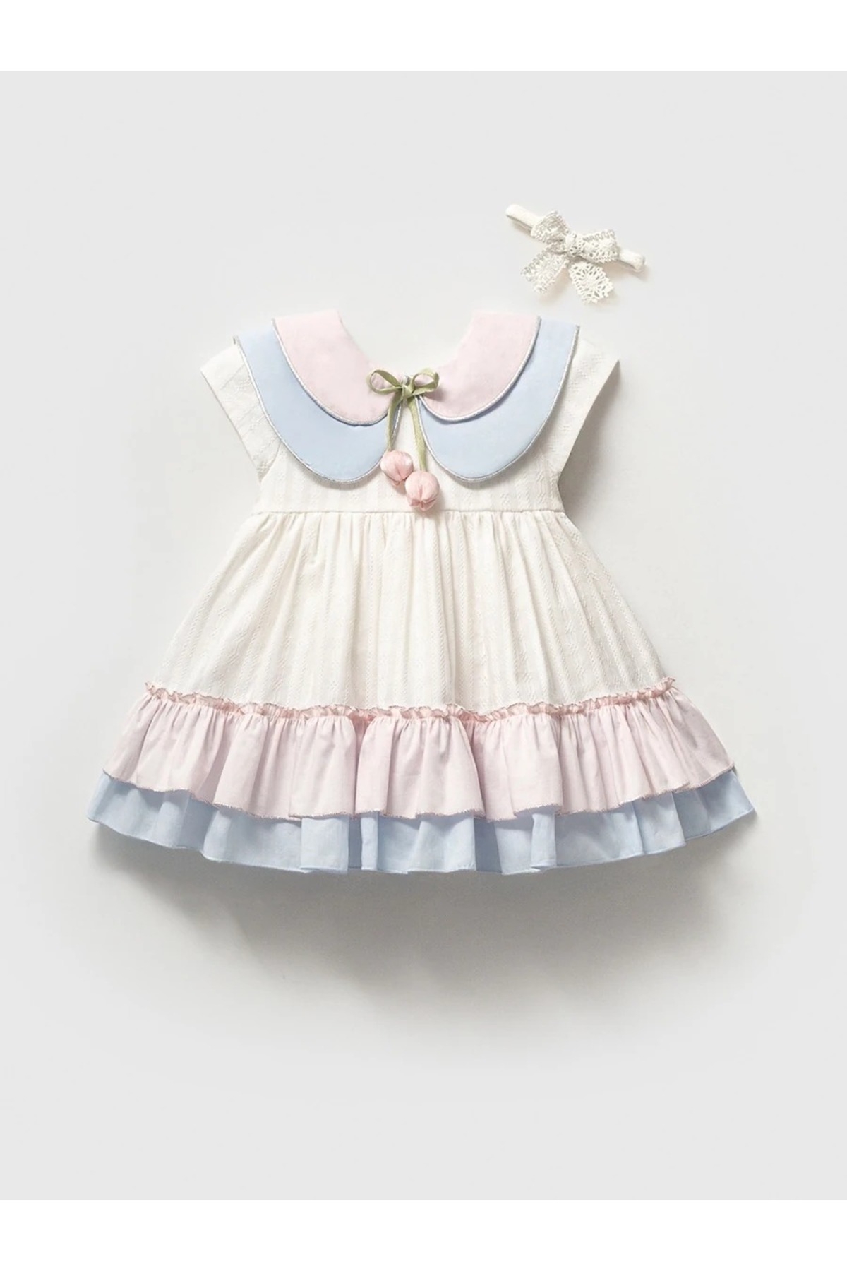 LisaLoom Kız Bebek Fırfırlı Lale Detaylı Elbise – Pastel Pembe Mavi Detaylı Pamuklu Şık Bebek Elbise Takım fotoğrafı 4 (önizleme)