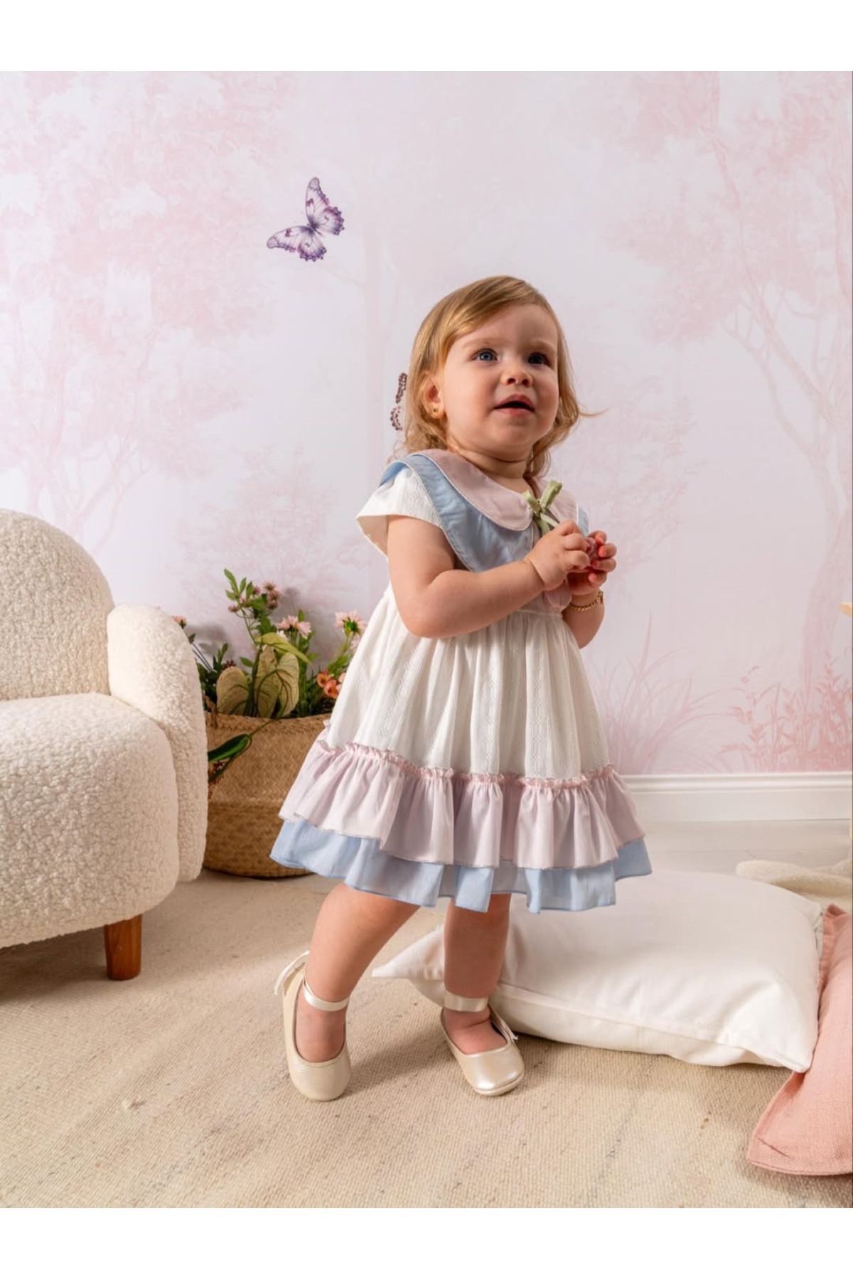 LisaLoom Kız Bebek Fırfırlı Lale Detaylı Elbise – Pastel Pembe Mavi Detaylı Pamuklu Şık Bebek Elbise Takım fotoğrafı 2 (önizleme)