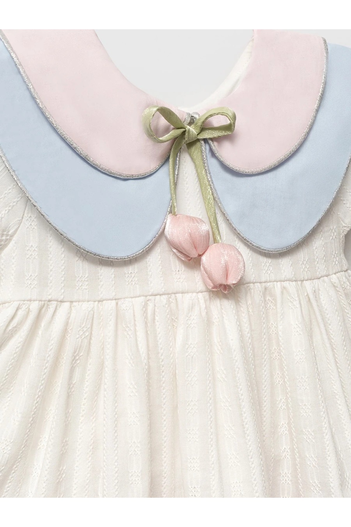 LisaLoom Kız Bebek Fırfırlı Lale Detaylı Elbise – Pastel Pembe Mavi Detaylı Pamuklu Şık Bebek Elbise Takım fotoğrafı 3 (önizleme)