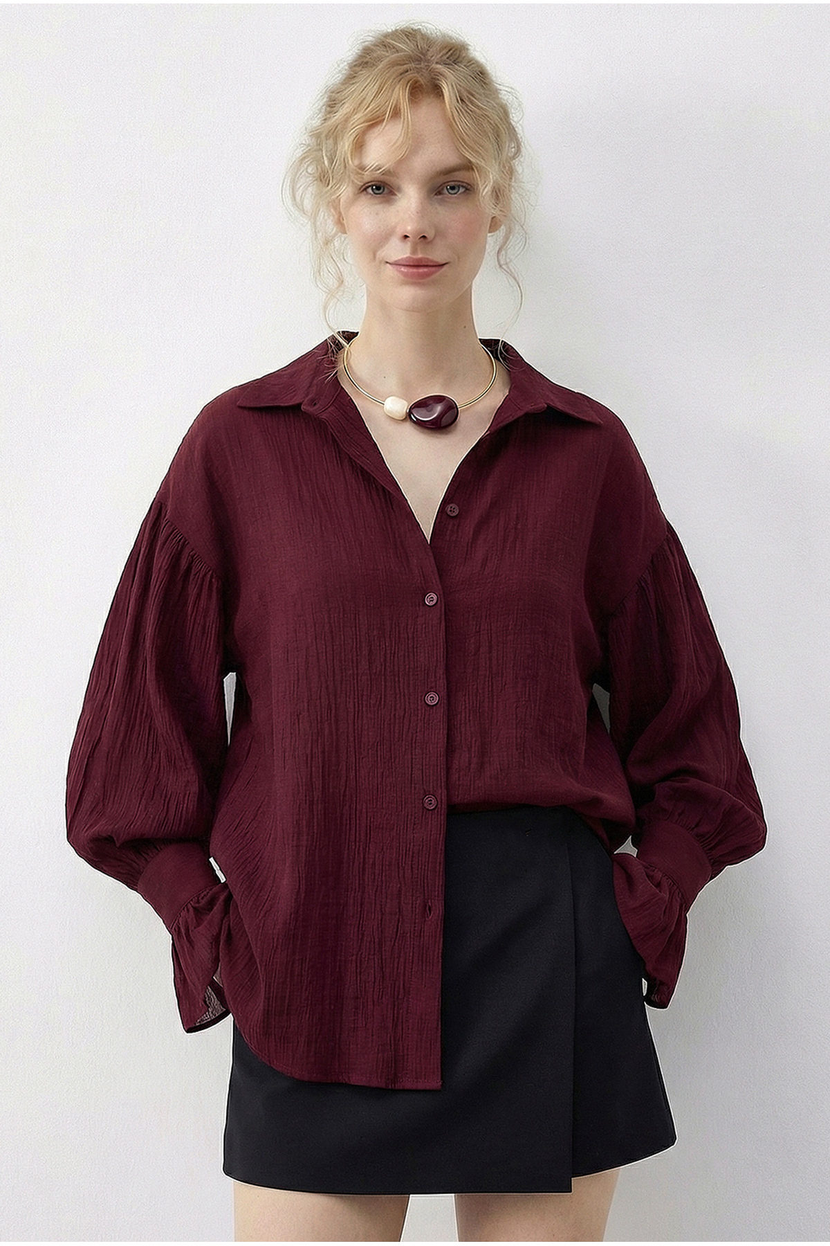 Bianco Lucci  Kadın Fırfır Manşet Detaylı Oversize Gömlek 533 60286029 - Görsel 3