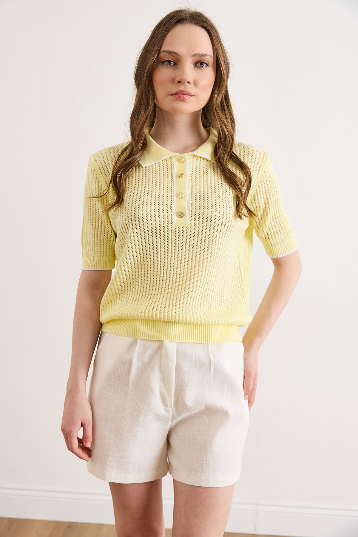 Olalook  Kadın Sarı Şerit Detaylı Polo Yaka Ajurlu Triko Bluz BLZ-19003227 - Görsel 2