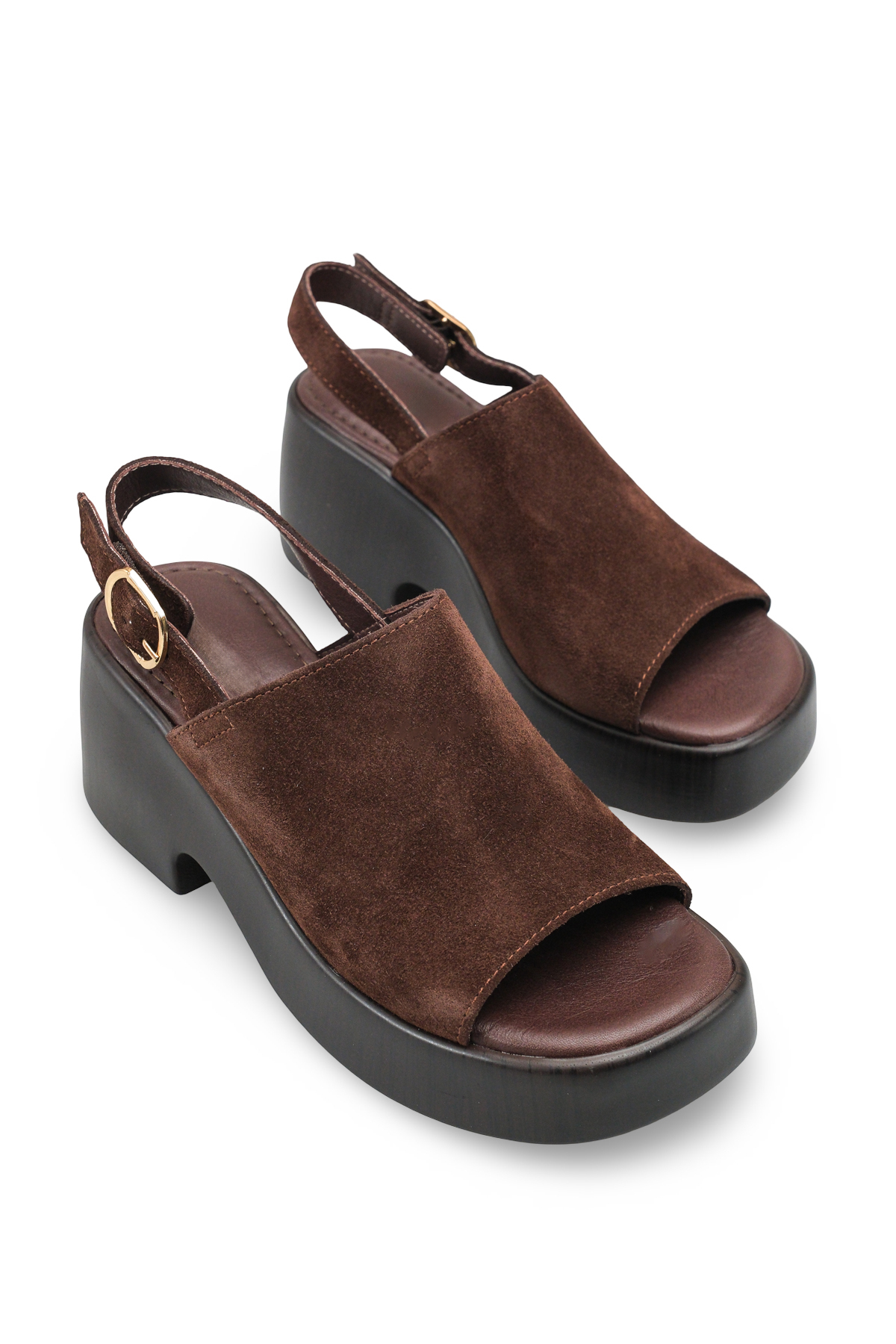 Women's Coffee Suede Genuine Leather Straight Detailed Fill Heel Casual Comfortable Sole Stylish Sandals