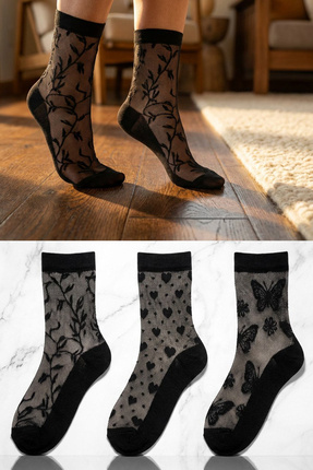 BGK 3 Çift Kadın Siyah Desenli Tül Çorap – Şık Transparan Soket Çorap