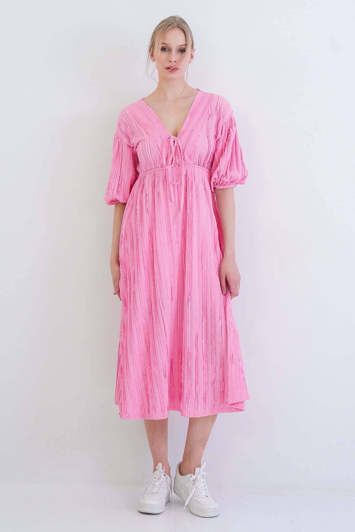 Pink V-Neck Tie Detailed Ruffle Fabric Maxi Size Dress ALC-X15413
