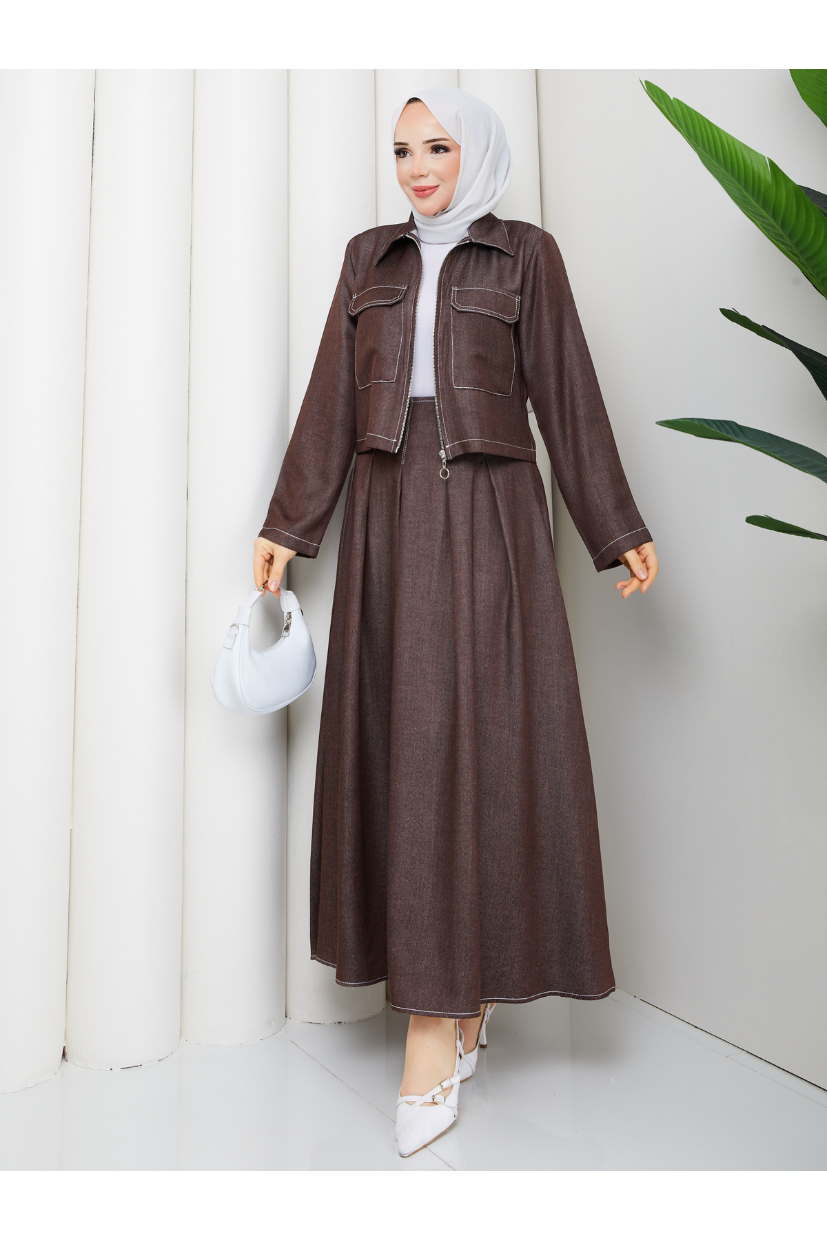 Pocket Detailed Zippered Denim Jacket & Corsaged Skirt Hijab Set RC9033