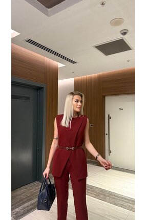 ozelia Bordo Kemerli Yelek & Pantolon Takım – Ofis Ve Davet Şıklığı