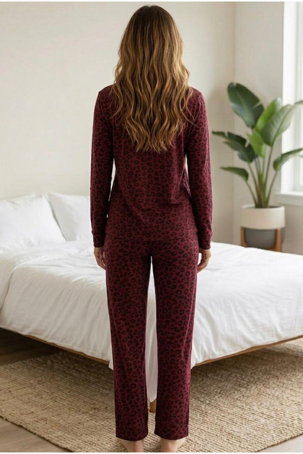 Siyah İnci  bordo siyah Leopar Baskılı Düğmeli Örme Pijama Takım 7611 - Görsel 3