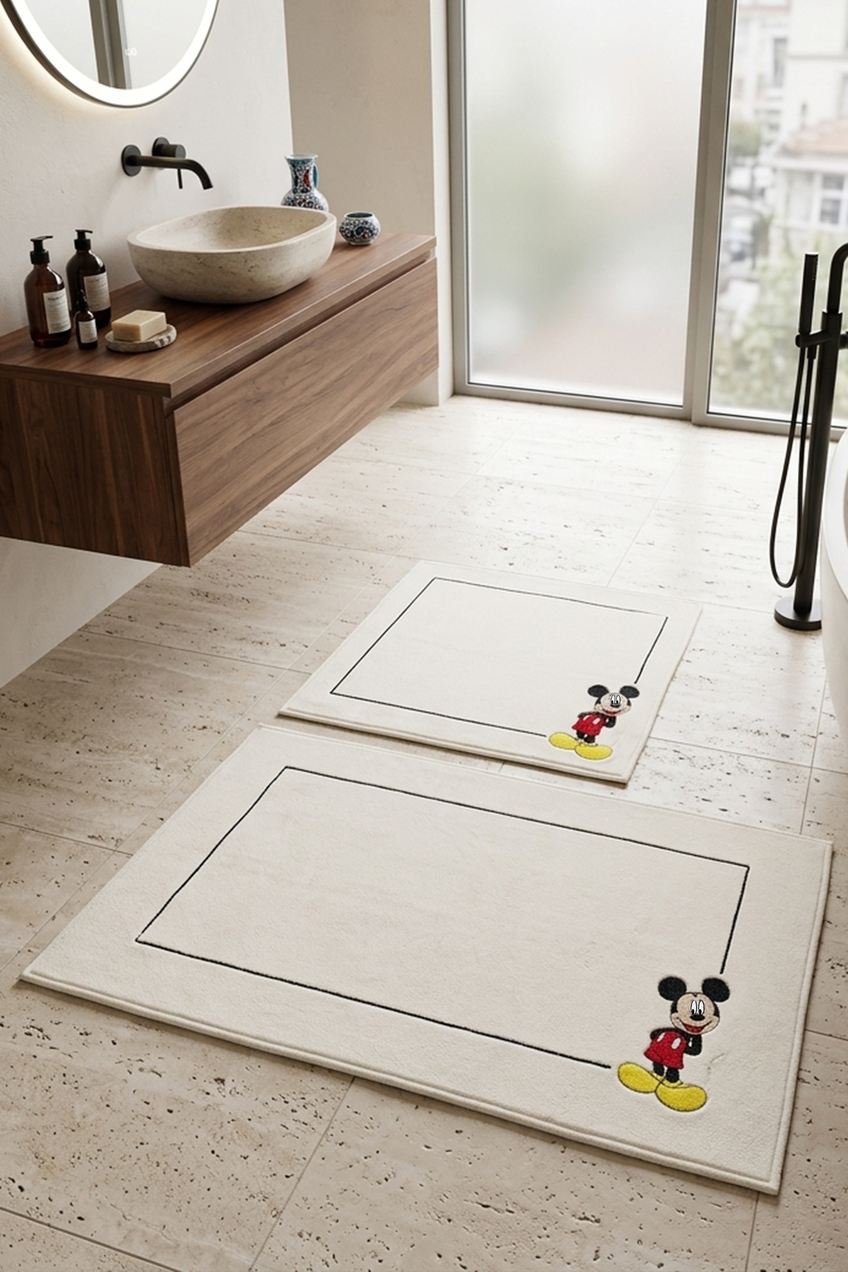 Cartoon Ecru Embroidery 2-Piece 100% Cotton Bathroom Carpet Mat Set, Washable
