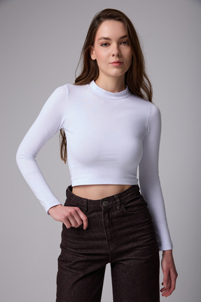 flaze Kadın Beyaz Uzun Kollu Slim Fit Esnek Crop Body