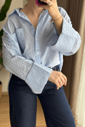 SEHOCO BUTİK Mavi Oversize Kareli Gömlek (Premium)