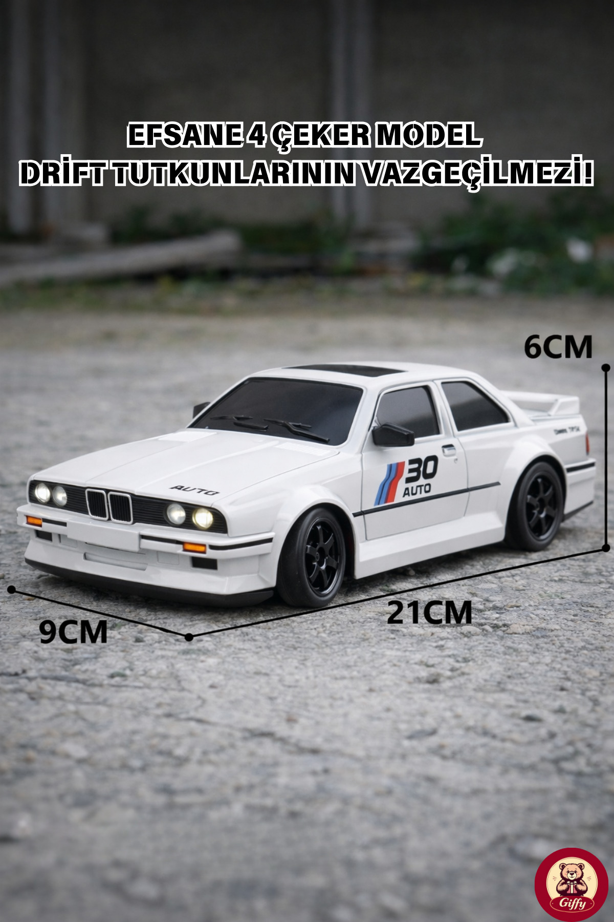 giffy Oyuncak BMW E30 Drift Araba 4x4 Uzaktan Kumandalı Araba 2.4GHz Şarjlı LED Işıklı 15 Km Hız Araba fotoğrafı 3 (önizleme)