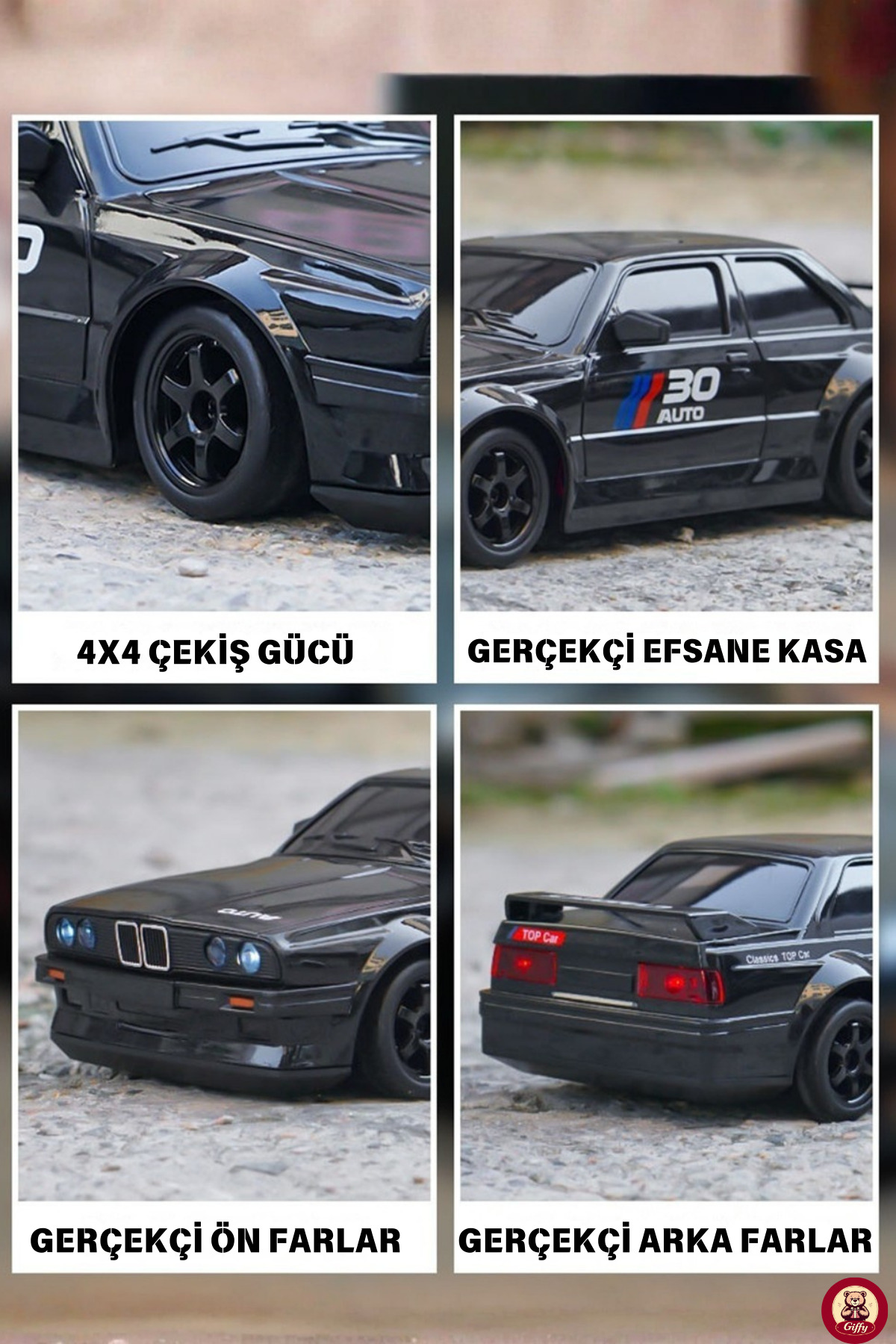 giffy Oyuncak BMW E30 Drift Araba 4x4 Uzaktan Kumandalı Araba 2.4GHz Şarjlı LED Işıklı 15 Km Hız Araba fotoğrafı 5 (önizleme)
