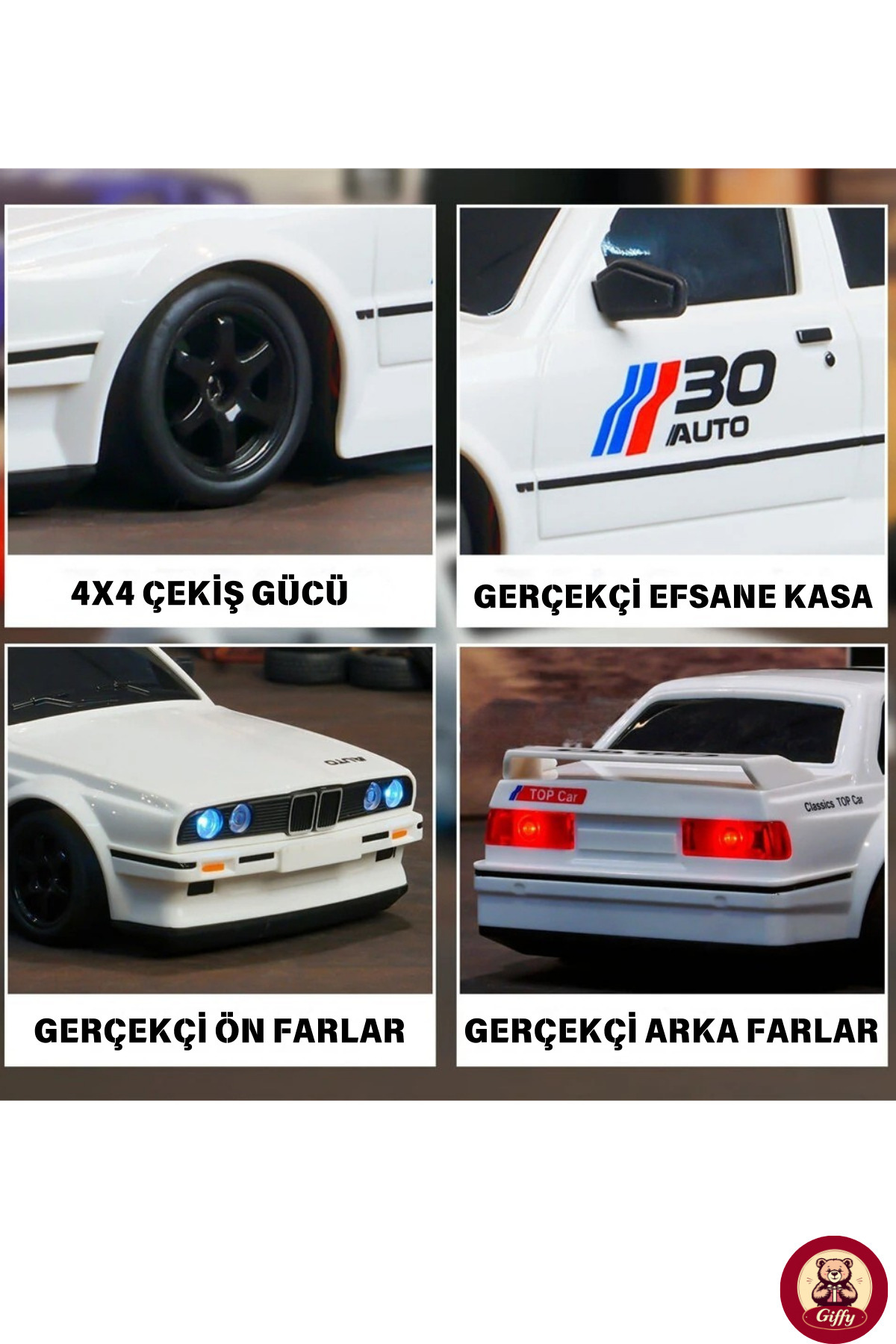 giffy Oyuncak BMW E30 Drift Araba 4x4 Uzaktan Kumandalı Araba 2.4GHz Şarjlı LED Işıklı 15 Km Hız Araba fotoğrafı 4 (önizleme)