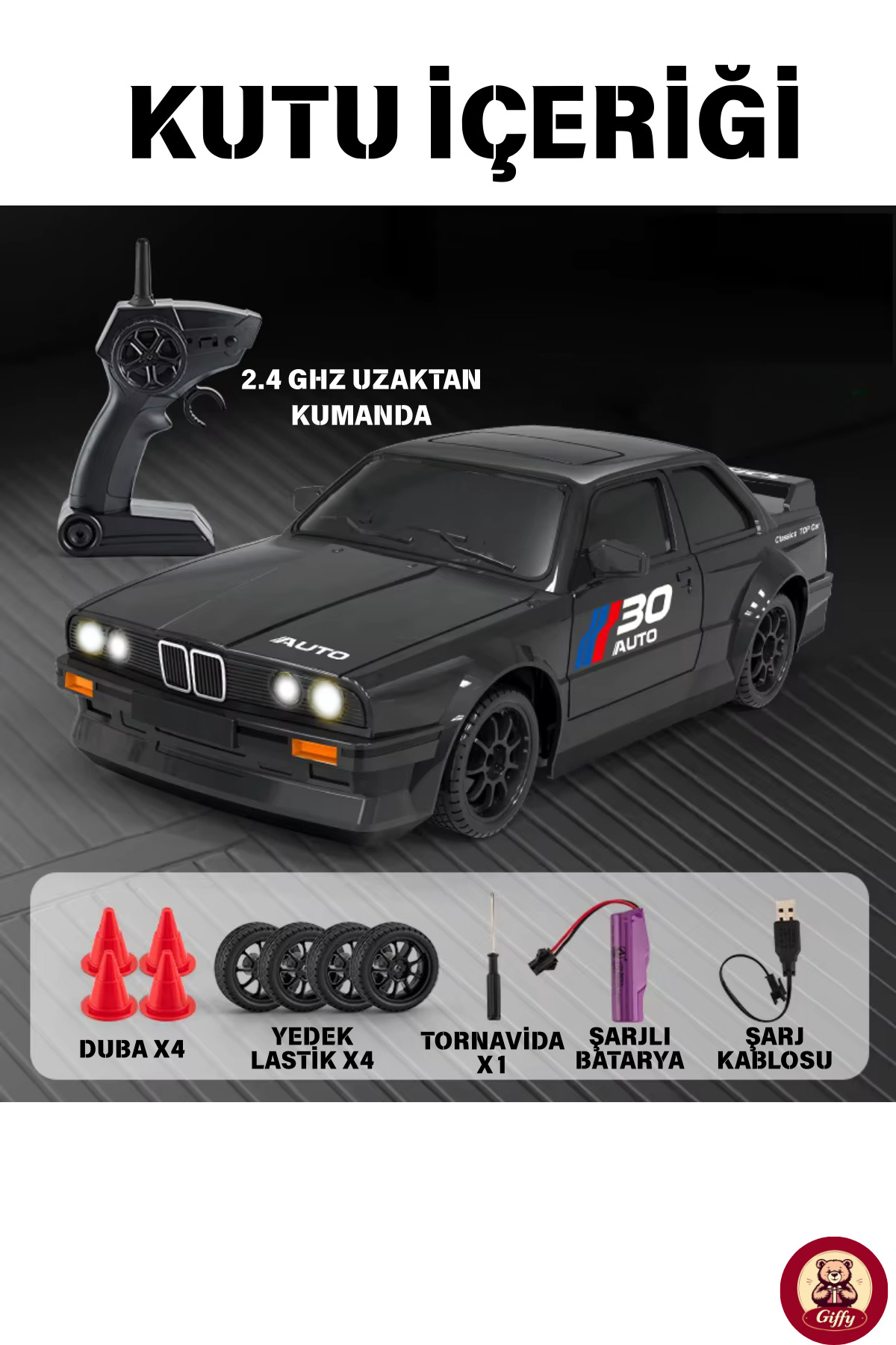 giffy Oyuncak BMW E30 Drift Araba 4x4 Uzaktan Kumandalı Araba 2.4GHz Şarjlı LED Işıklı 15 Km Hız Araba fotoğrafı 2 (önizleme)