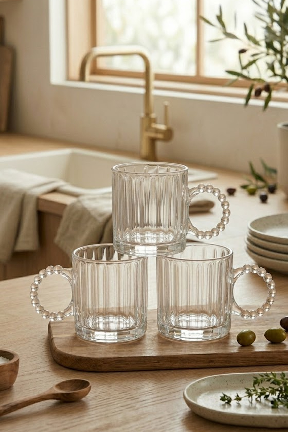 Nuha Home 3'lü Boncuk Kulplu Cam Kupa, Boncuklu Cam Kupa, Espresso