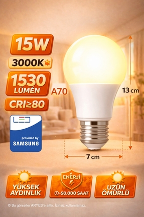 Aryes 15W E27 LED Ampul 3000K Doğal Sarı Işık 1530 Lümen Güçlü Işık